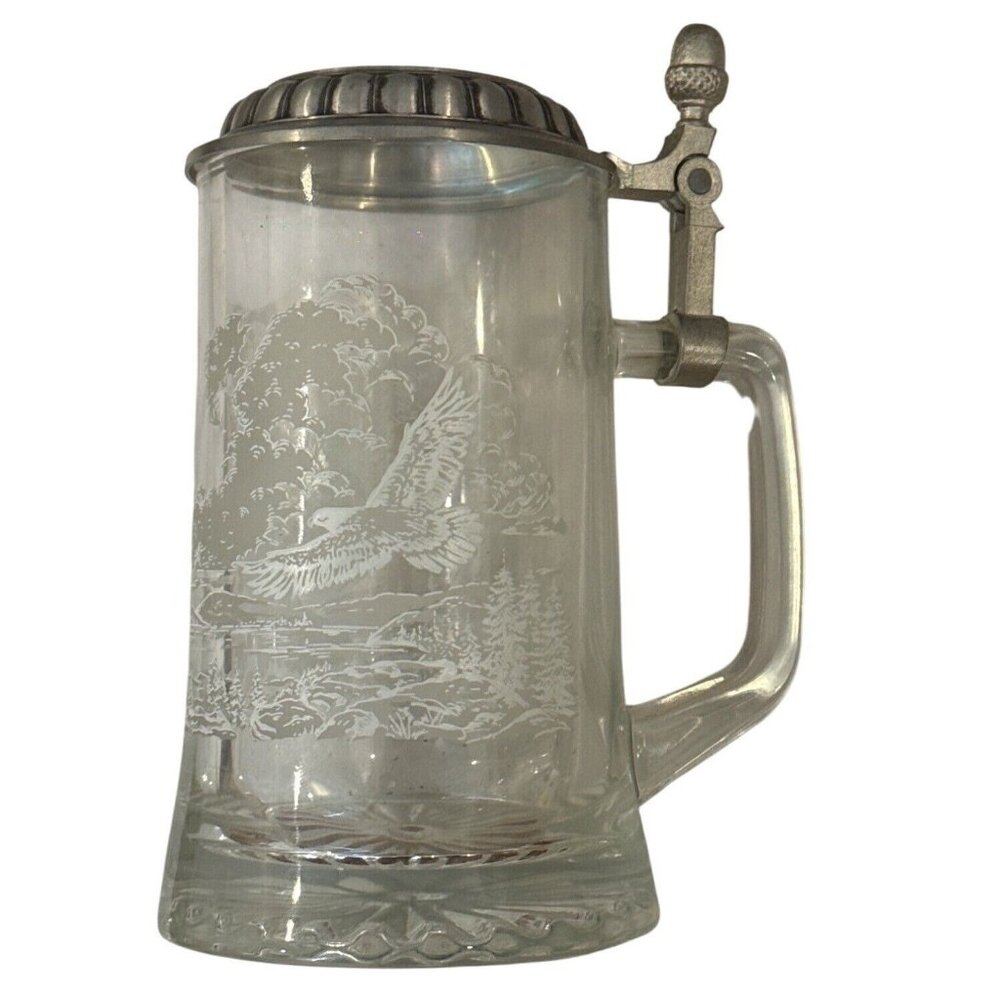 Vintage German Beer Stein With Pewter Eagle Lid & Etched Glass
